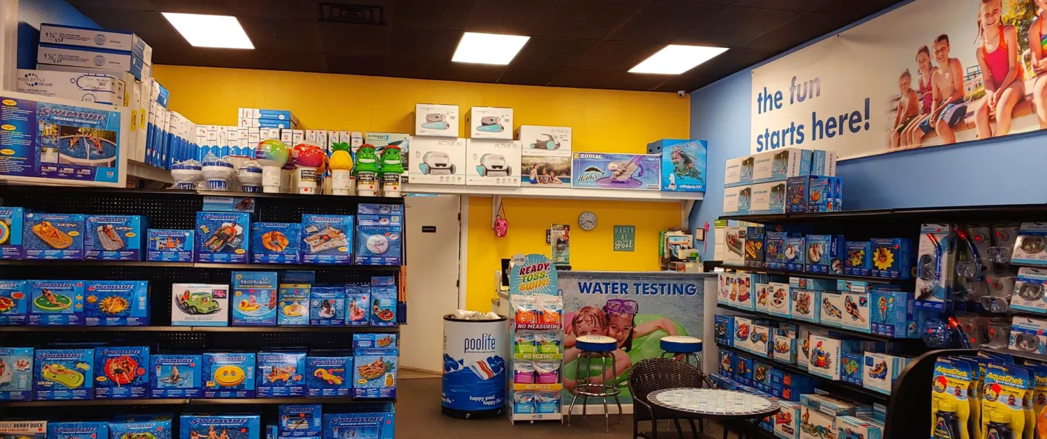 Inside the Tri-State Pools showroom, floats, toys and the free water-testing bar